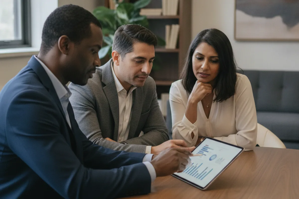 A diverse couple and their lawyer review information on a tablet during a consultation in a professional office.