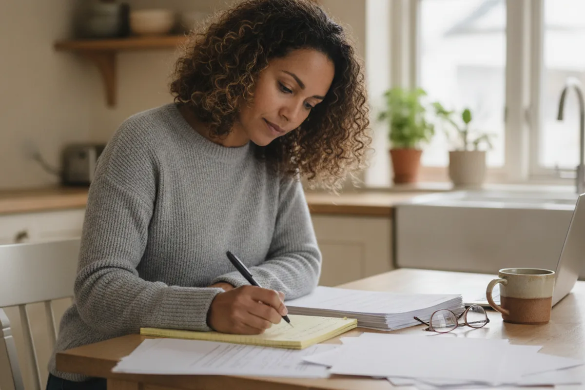 Woman reviews legal documents at her kitchen table, making notes.