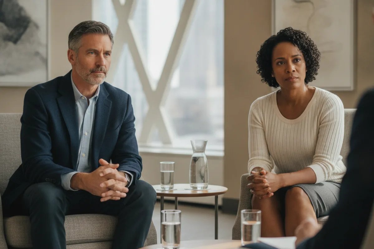 A diverse couple listens attentively during a legal consultation in a professional setting.