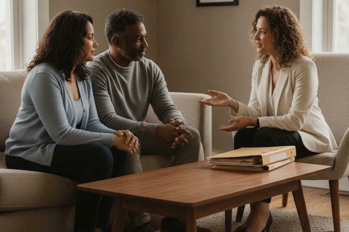 Diverse couple consulting with an empathetic female attorney in a professional office.