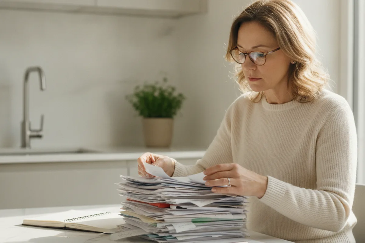 A woman meticulously organizes documents and receipts at her kitchen table, preparing for a small claims case.
