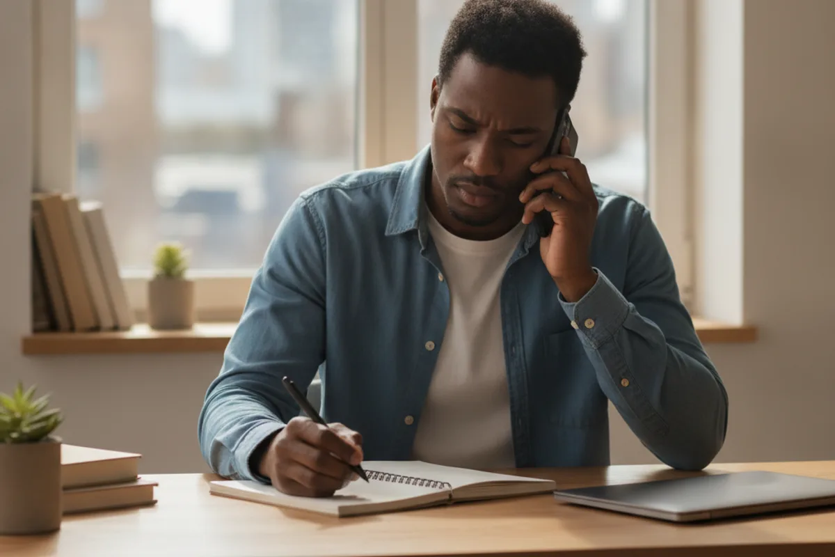 A man talks on the phone, taking notes, possibly seeking advice for his small claims case.