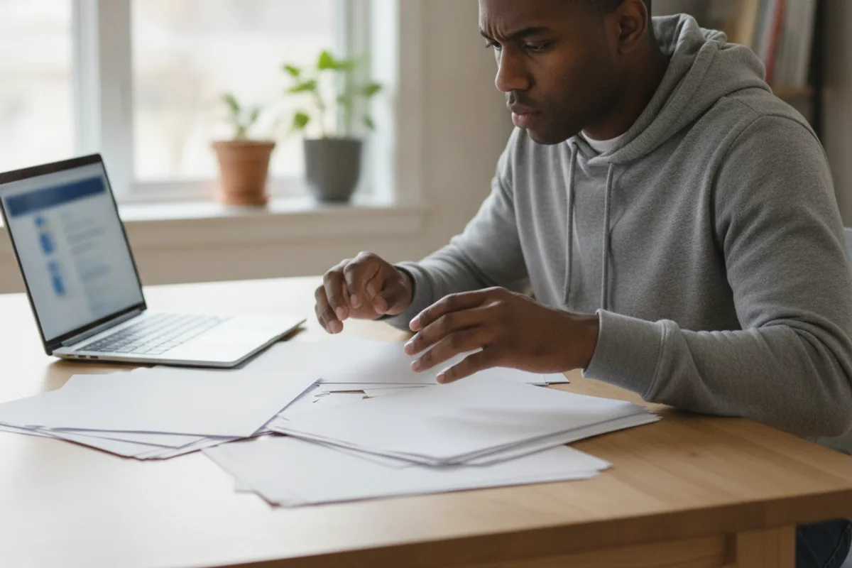 A person with dark skin reviews asylum application documents at a kitchen table, a laptop nearby.