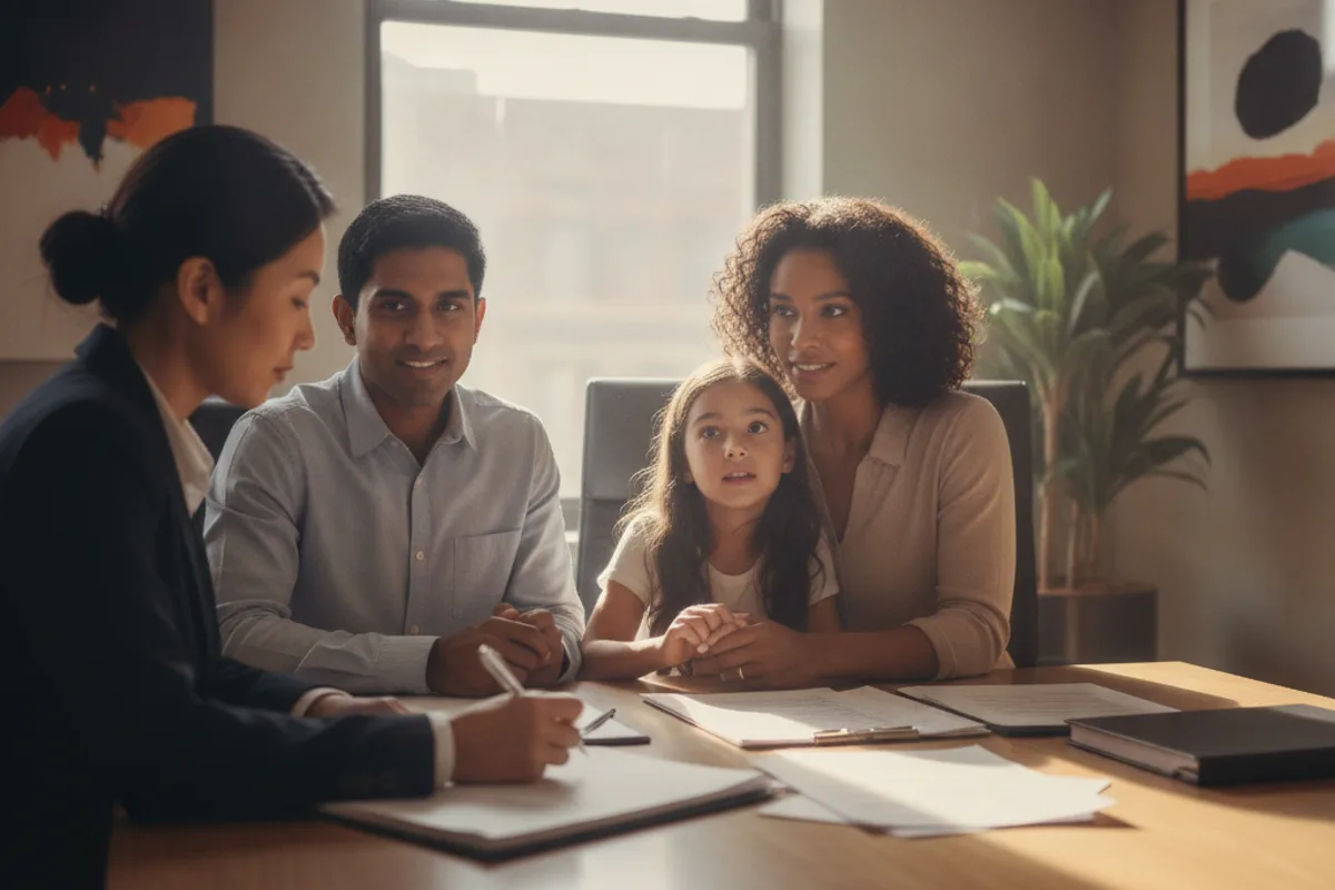 A diverse family, including parents and a child, consults with an immigration attorney in a modern office.