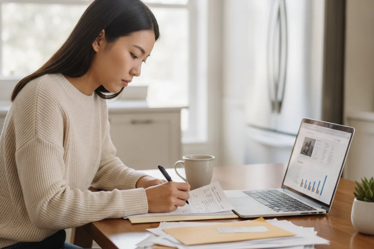 Young woman carefully reviewing personal documents at her kitchen table for a citizenship application.