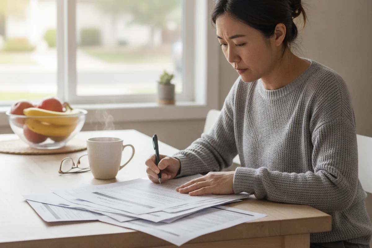 An Asian woman reviews Social Security Disability application forms at her kitchen table, a focused expression.