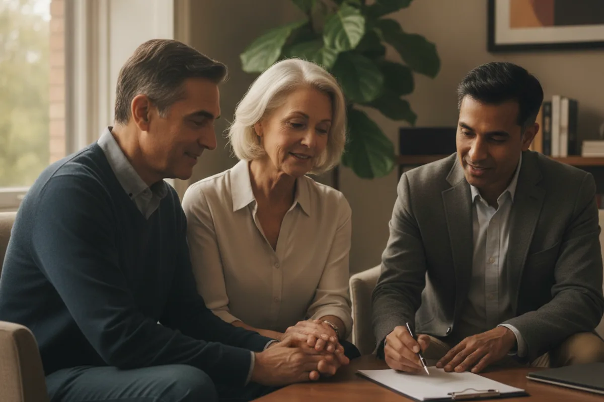 A diverse couple consults a South Asian legal advisor about Social Security Disability in a professional setting.