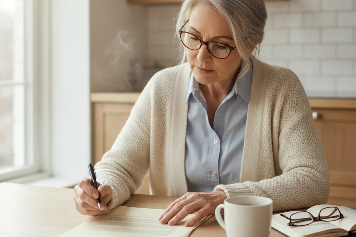 A woman in her 60s, wearing glasses, reviews legal documents at her kitchen table, a pen in hand, focused and thoughtful.
