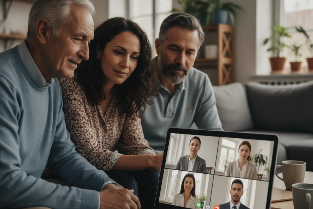 A diverse family, an elderly man and his two adult children, engaged in a video call with a legal advisor about estate planning.