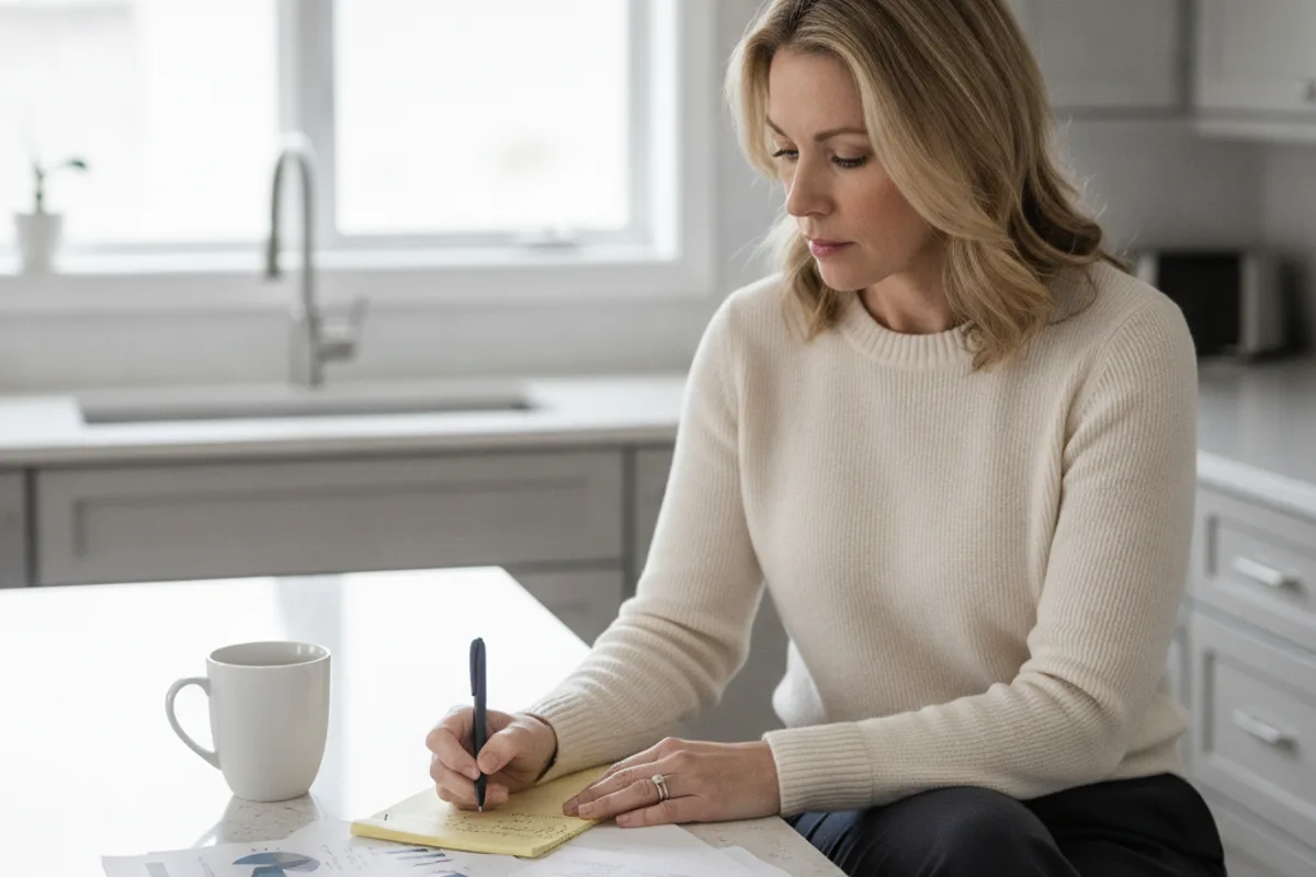 Woman diligently reviews business documents and financial statements at her kitchen island.