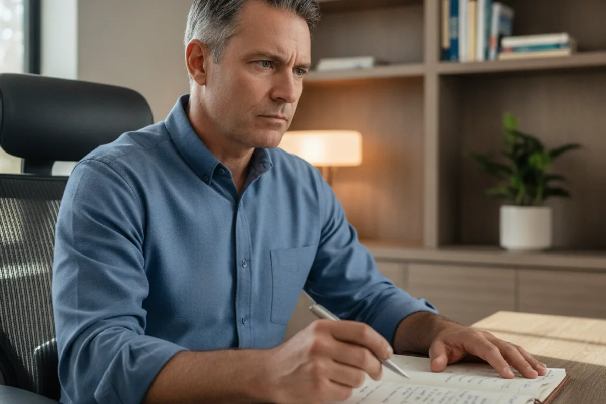 Man on a video call with an advisor, discussing details of a small business acquisition.