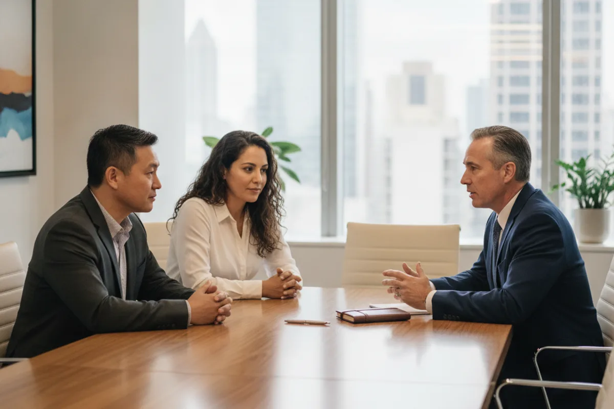 A diverse couple meeting with a male attorney in a modern law office, discussing their legal needs.