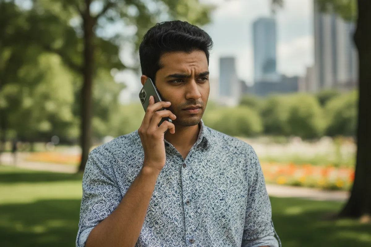 A young South Asian man on his phone, looking thoughtful, seeking advice about a legal professional.