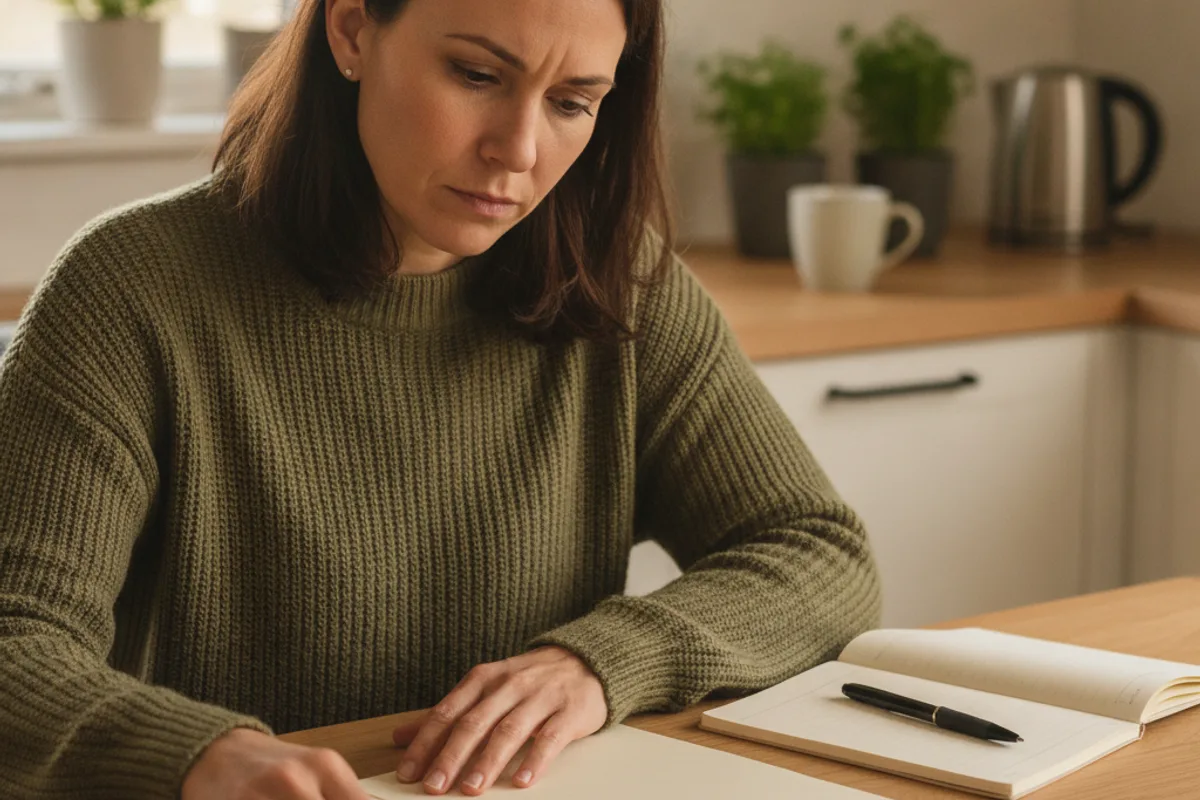 Mujer en mesa de cocina revisando documentos y tomando notas, pensativa sobre sus opciones legales.