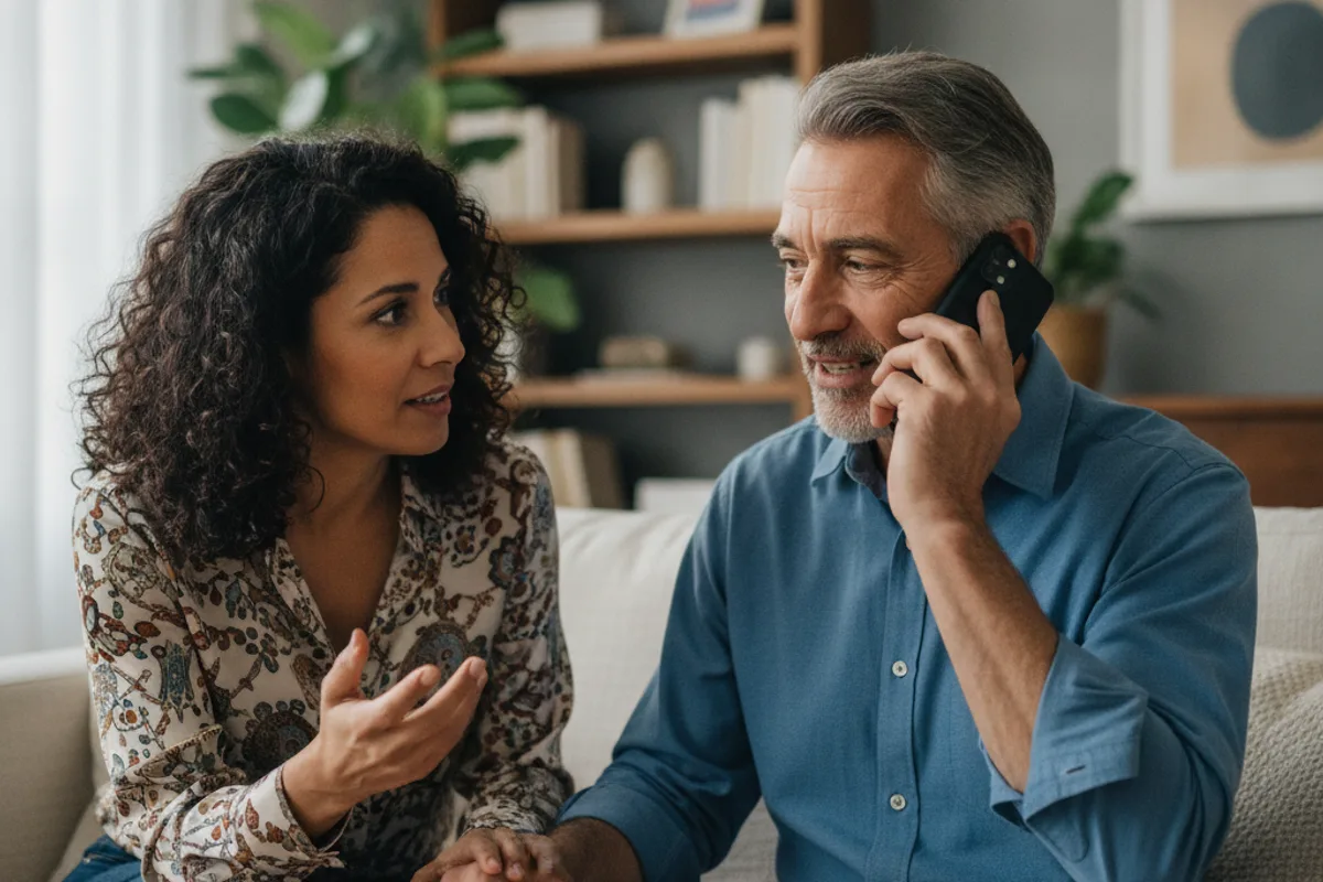 Pareja diversa en un sofá, escuchando atentamente una conversación telefónica con un asesor legal.