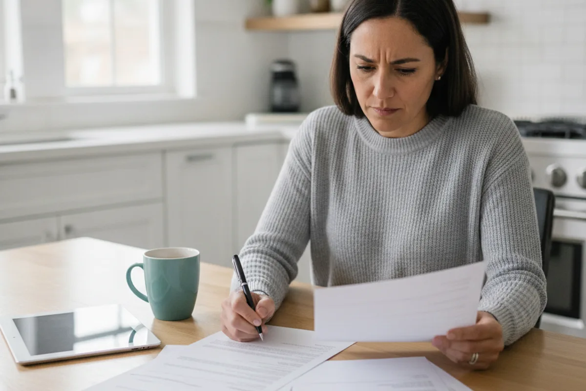 A woman reviews financial documents at her kitchen table, planning how to collect a civil judgment.