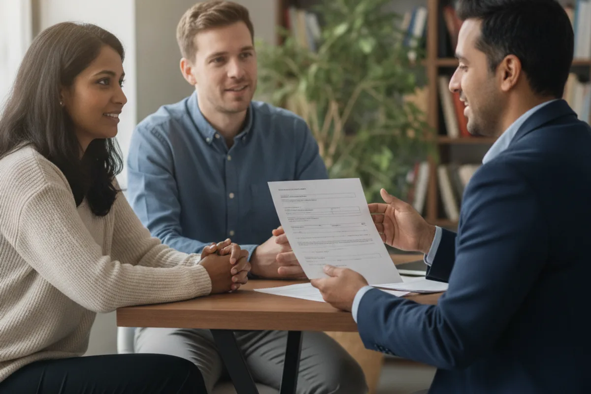 A diverse couple consults a financial advisor about asset location for judgment collection.