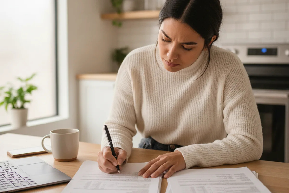 Young woman reviews legal paperwork at her kitchen table, focused on the details.