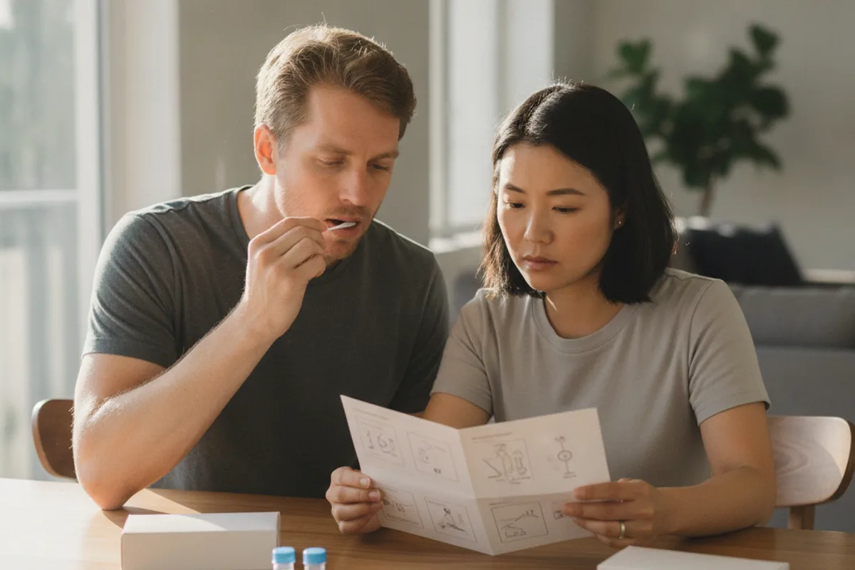Diverse couple performs an at-home DNA test, carefully following instructions.