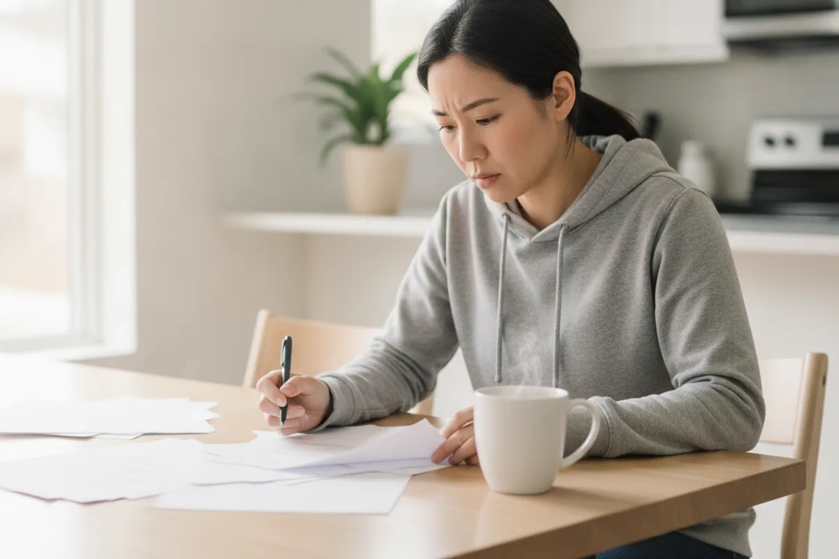 A woman sits at her kitchen table, reviewing a stack of papers with a focused expression.