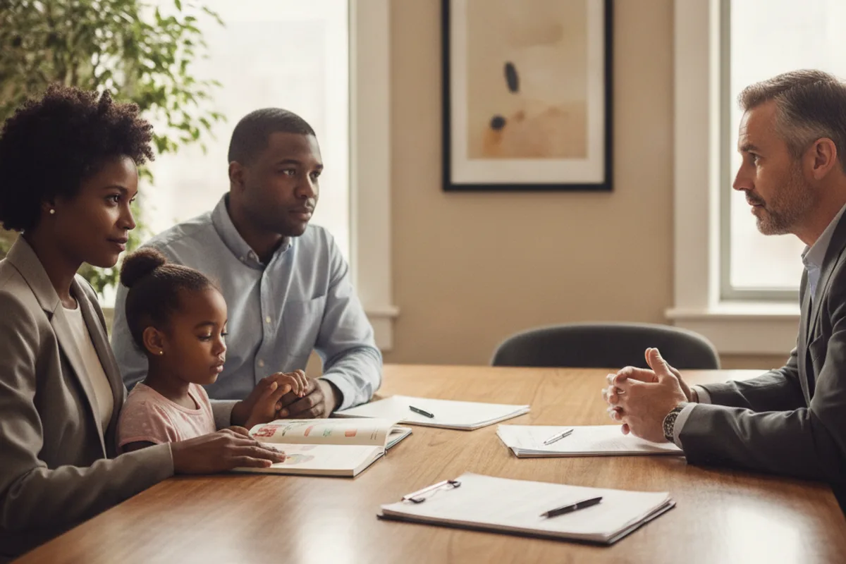 A diverse family, a Black couple and their child, consults with a male immigration attorney in a professional office.