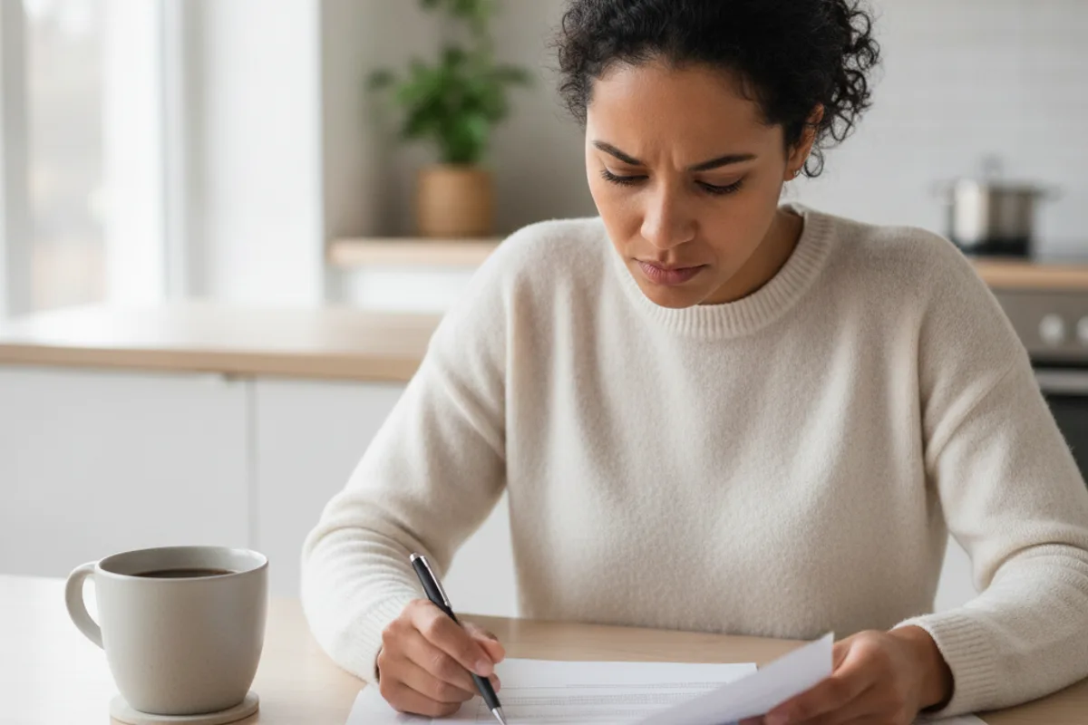 A woman reviews paperwork intently at her kitchen table, preparing for a legal process.