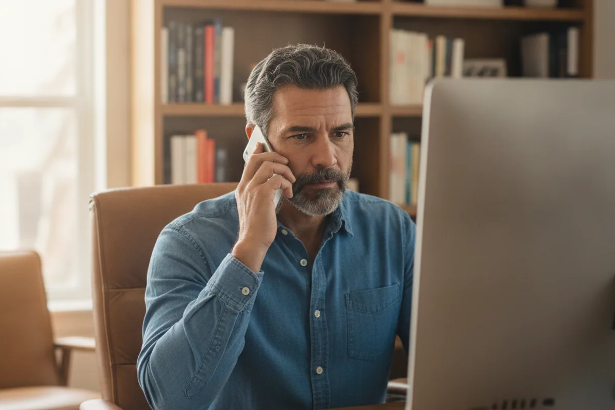 A man on the phone, looking at a computer screen, engaged in a serious conversation with an adviser.