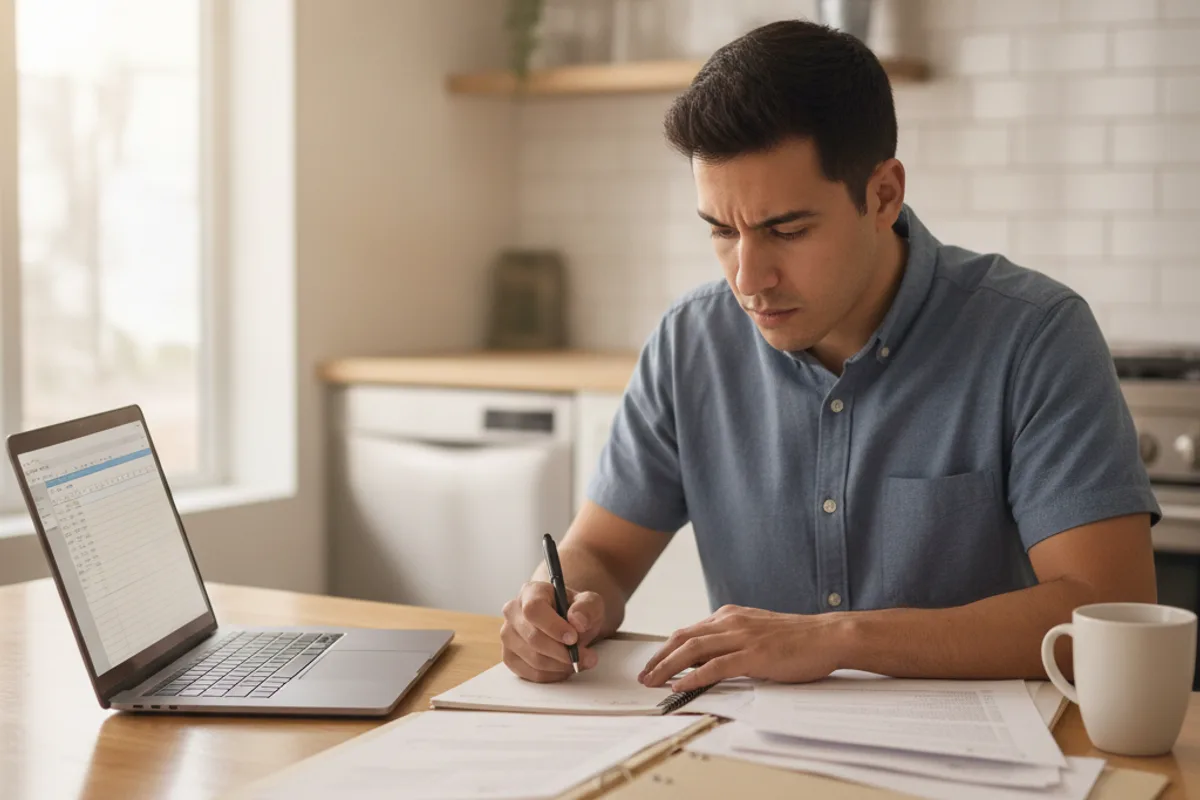 A person reviews documents and takes notes at a kitchen table, preparing an EEOC complaint.
