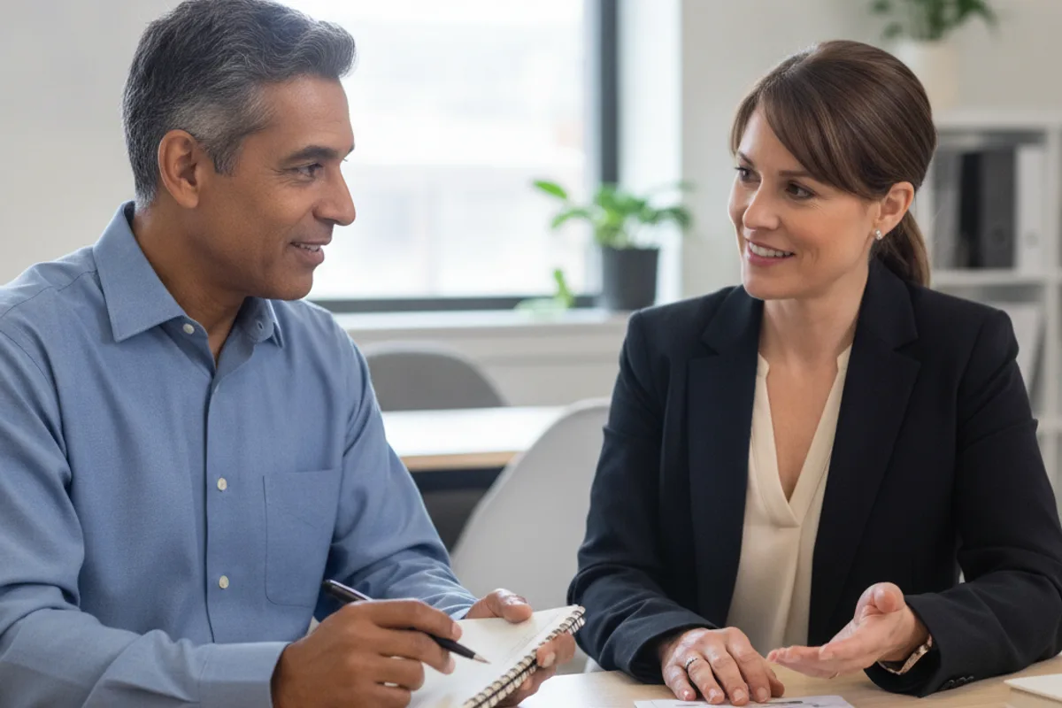 A man receives initial advice from a legal aid advisor in a bright, modern community clinic setting.