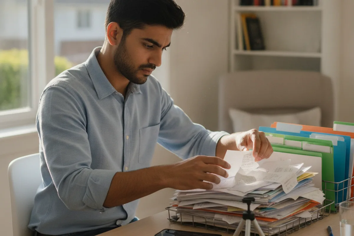 A young man meticulously organizes a stack of documents and evidence into labeled folders at his home office desk.