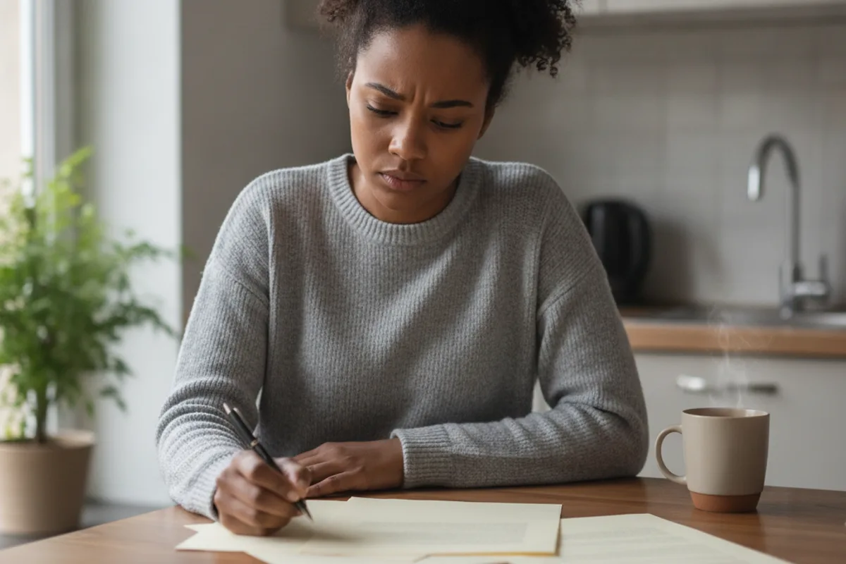 A young Black woman thoughtfully reviews generic documents at her kitchen table, a cup of tea nearby.
