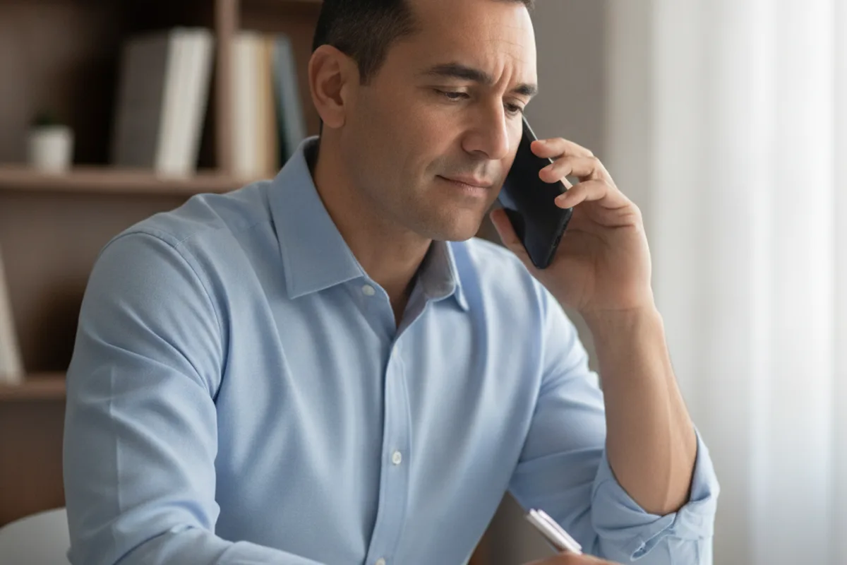 A Hispanic man intently listens during a phone call, seeking advice in a quiet setting.