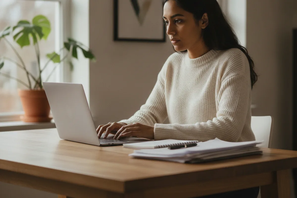 Young woman at her kitchen table, diligently reviewing financial documents and a laptop.