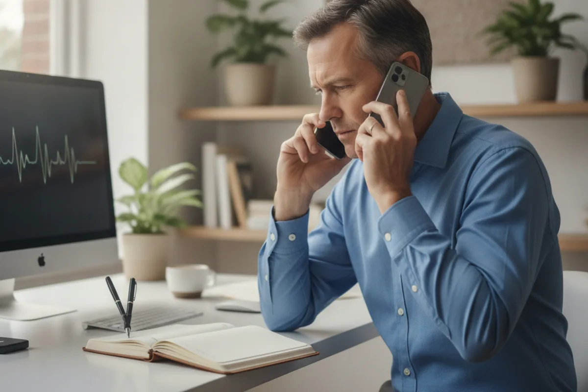 Professional man on the phone in a home office, taking notes while discussing financial matters.