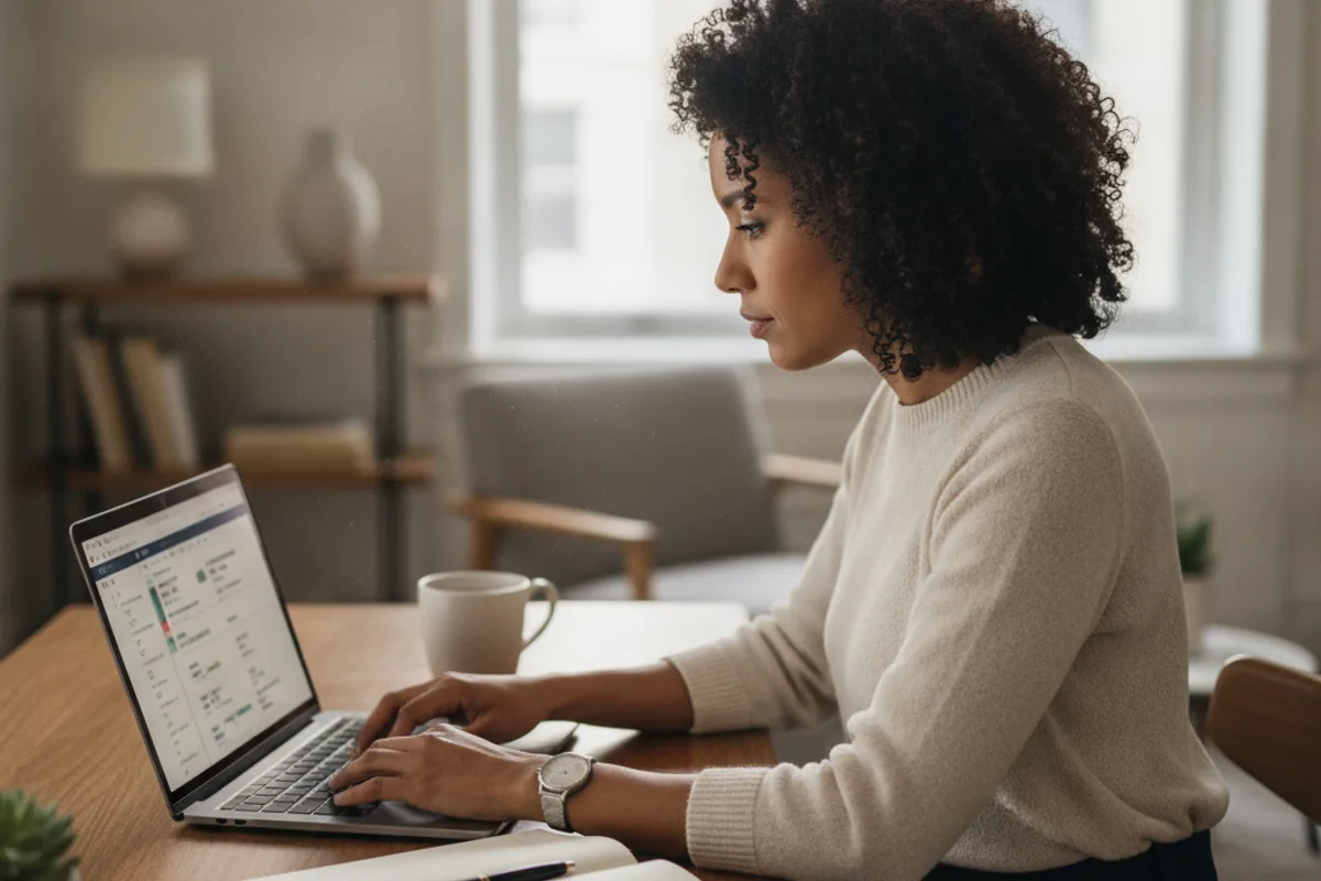 A woman reviews an application form on her laptop at a home office desk, focused on the screen.
