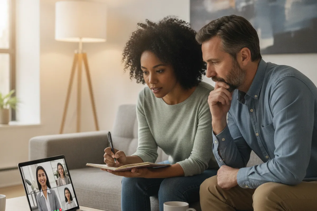 A diverse couple on a video call with an advisor, discussing business or legal matters from their home.