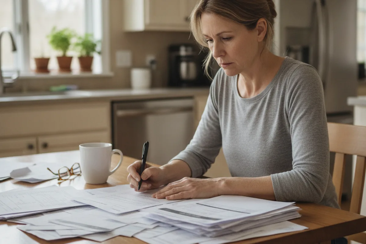 A woman reviews financial documents and receipts at her kitchen table with a focused, concerned expression.