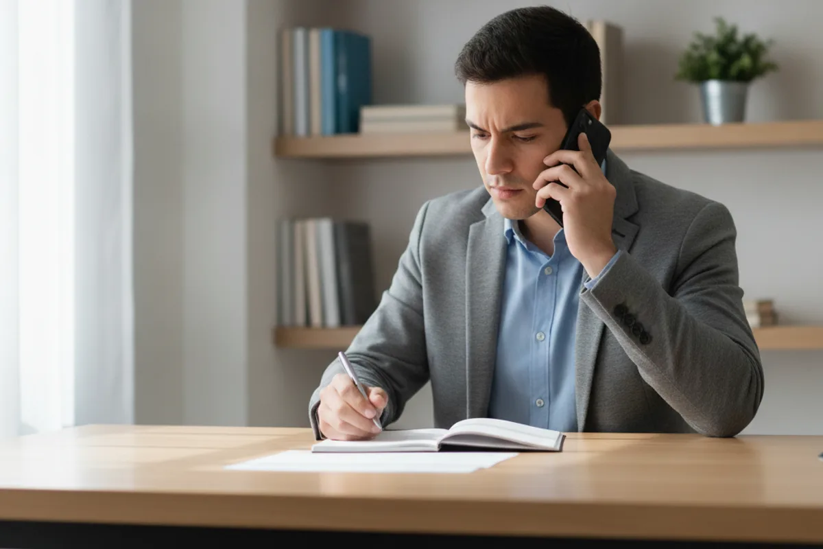 A young man on the phone, taking notes at his home office desk, engaged in a serious conversation.