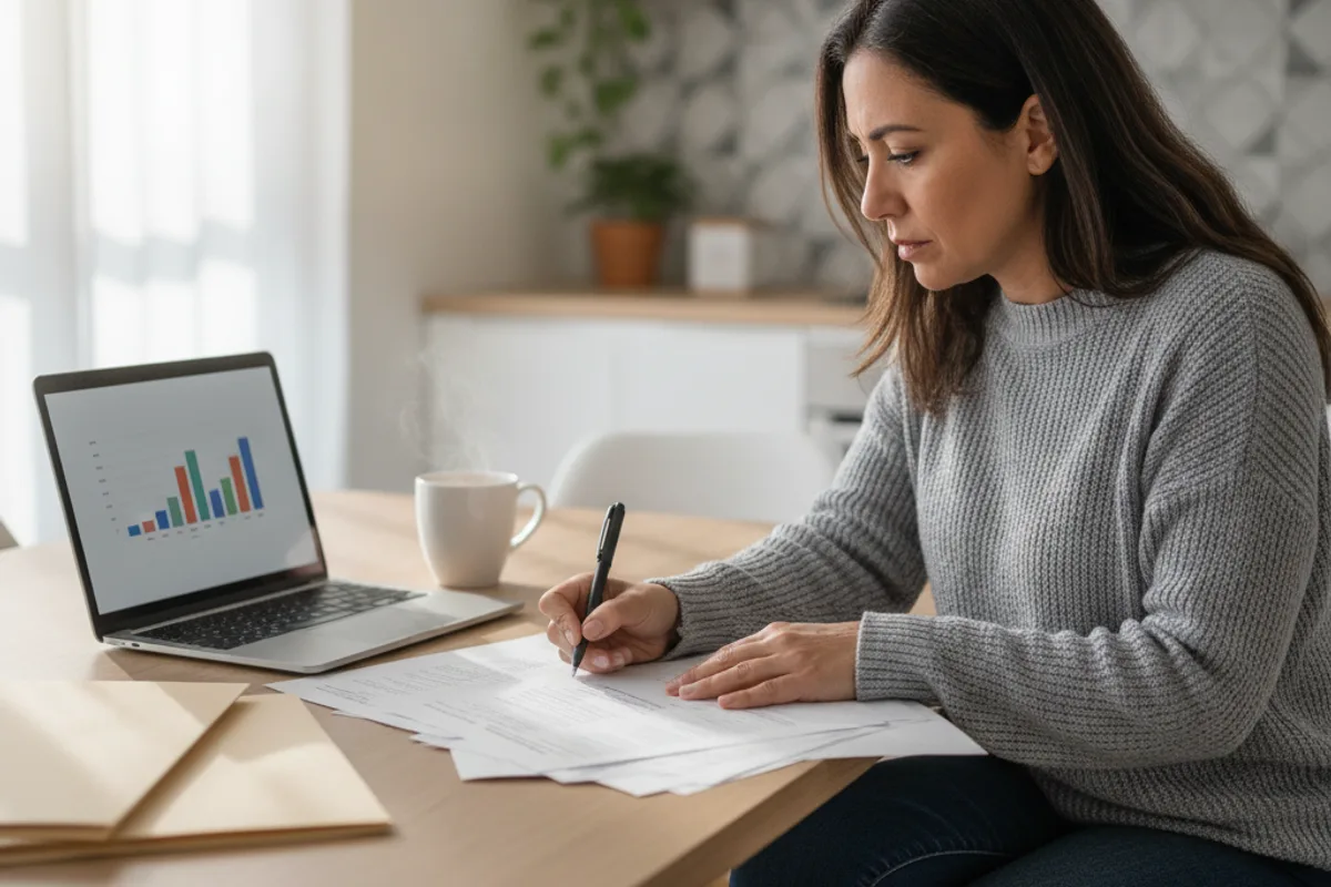 A woman reviews contract documents and notes at her kitchen table, preparing for a legal case.
