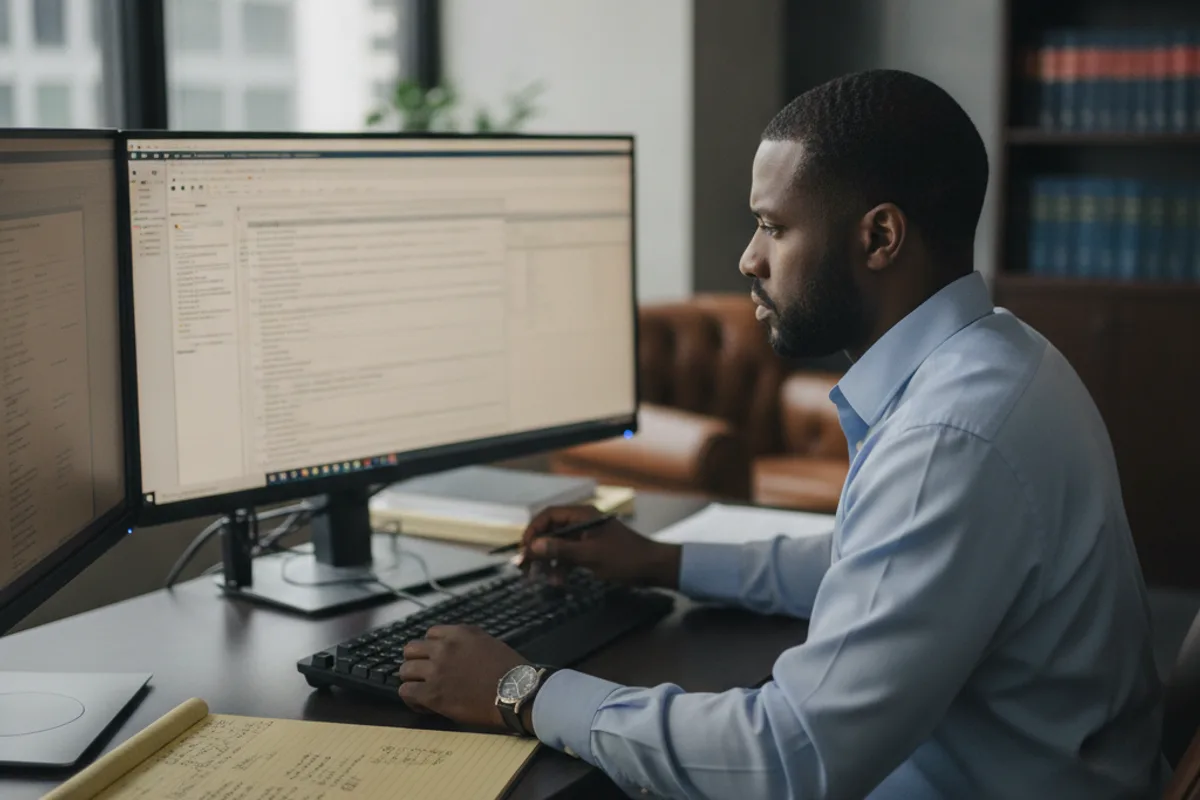 An attorney reviews digital legal documents and research on multiple screens in a professional office.