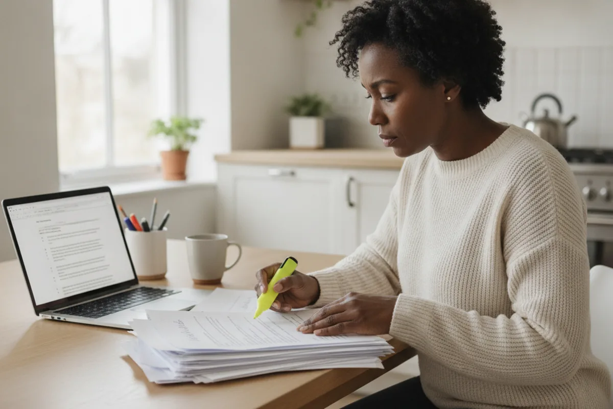 A woman reviews documents at her kitchen table, preparing for a demand letter.