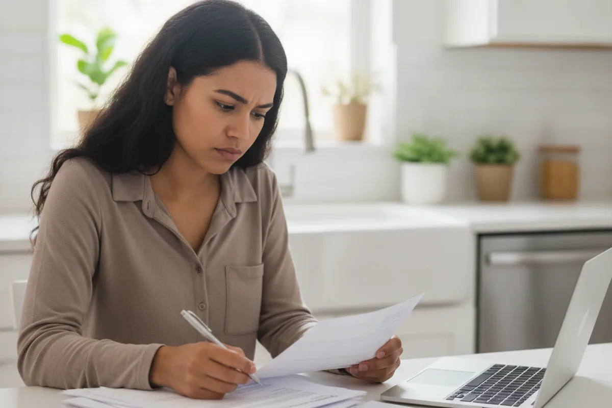 A woman reviews immigration paperwork at her kitchen table, studying documents carefully.