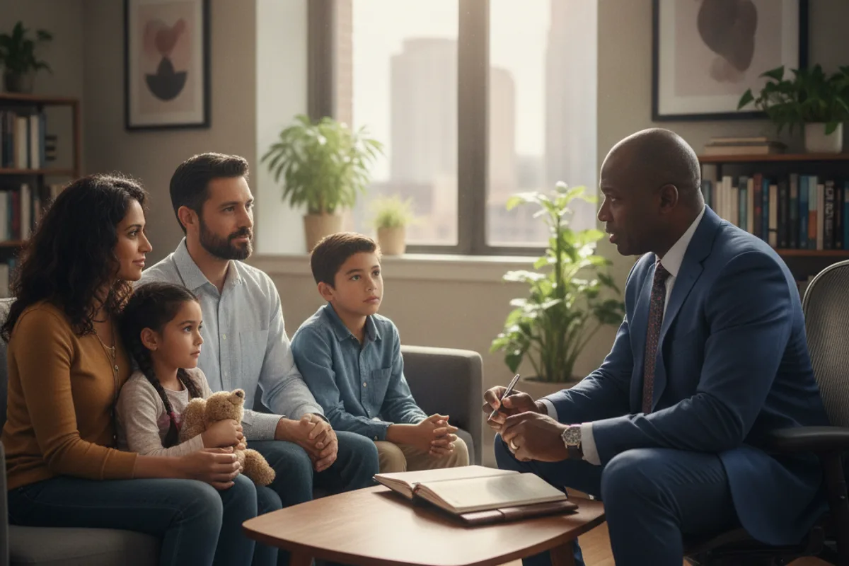 A diverse family consults with an immigration attorney in a welcoming office, discussing their case together.