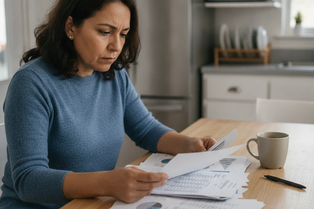 Mujer hispana revisa documentos financieros en la mesa de su cocina, luciendo preocupada y concentrada.