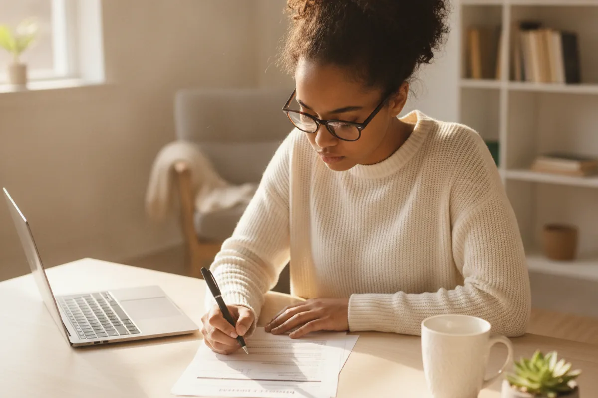 Young entrepreneur reviews legal documents and works on her laptop in a bright home office.