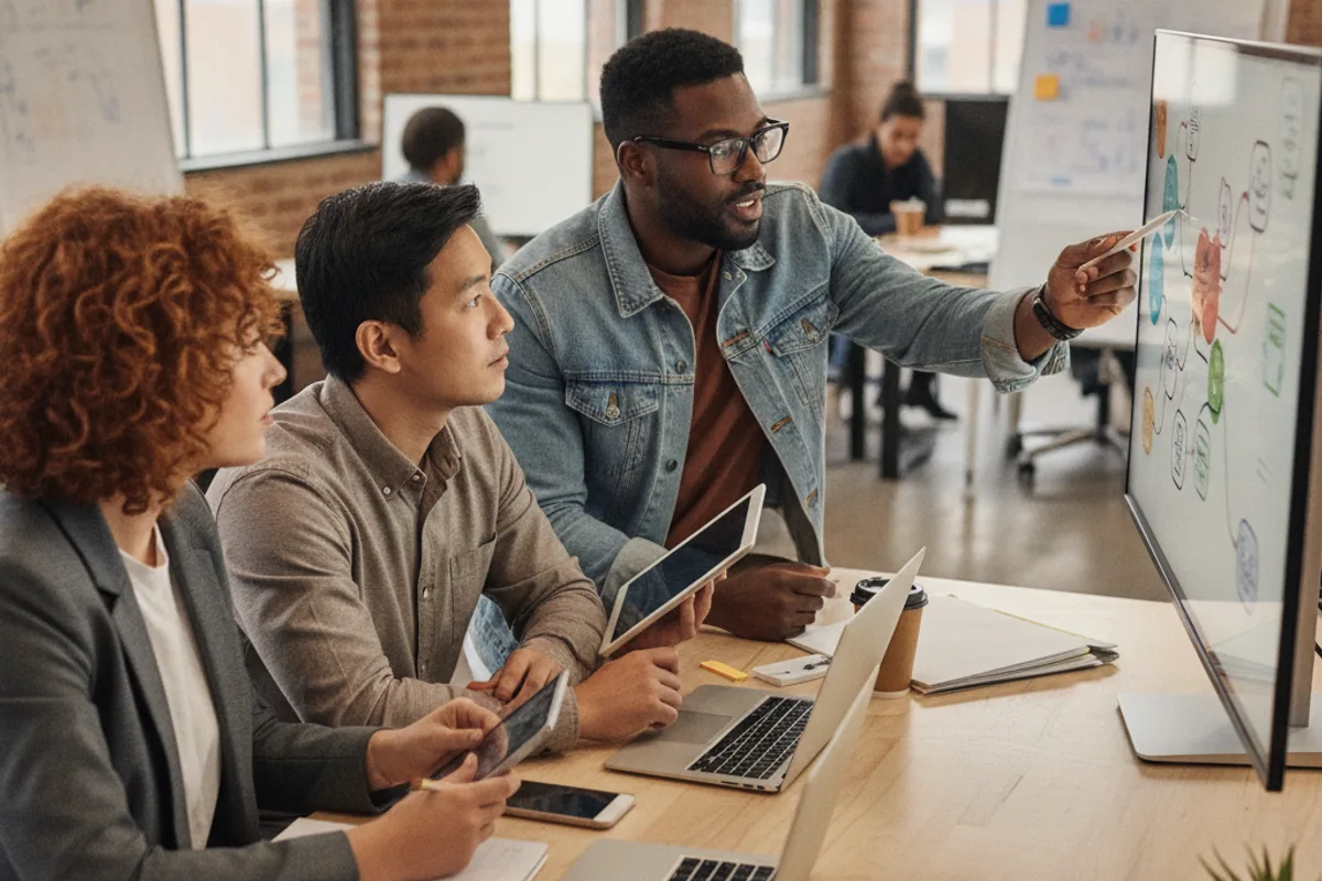 Diverse team of creators collaborates on ideas using a digital whiteboard in a modern co-working space.
