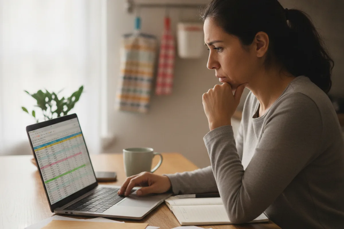 A woman at her kitchen table, looking concerned while reviewing financial documents on a laptop.