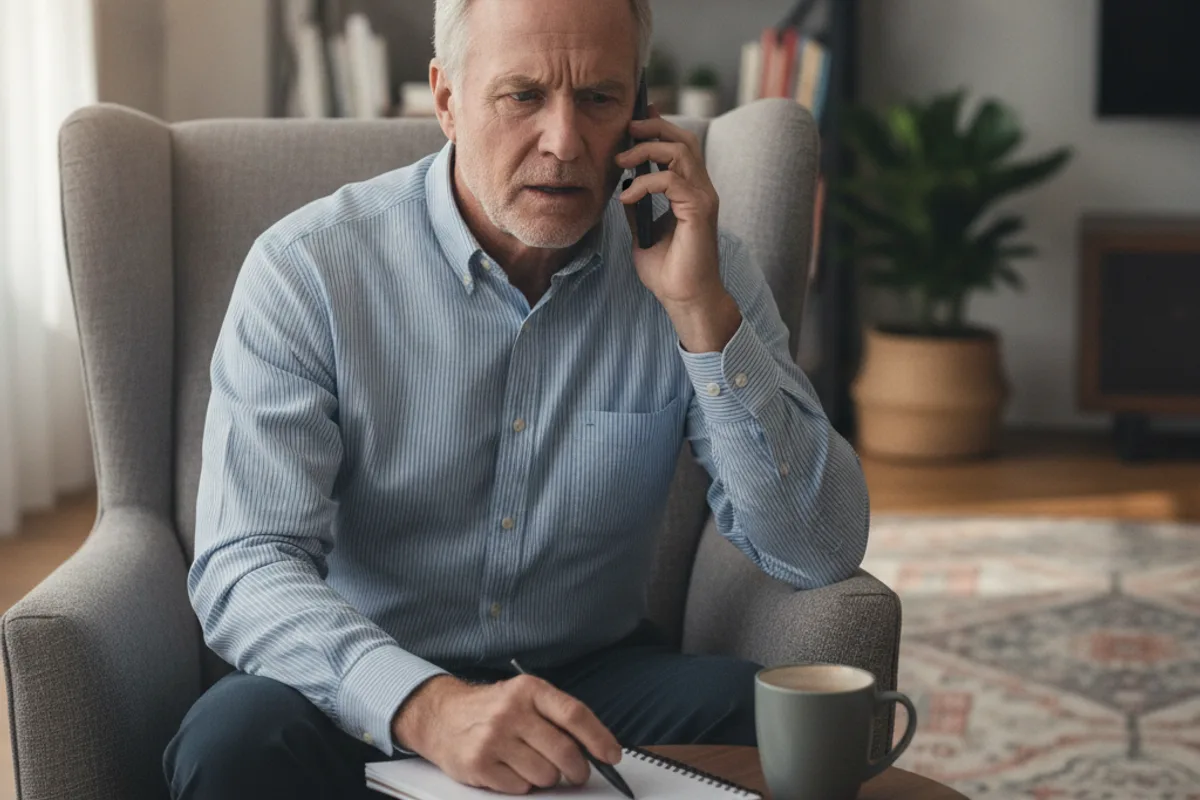 A man on the phone in his living room, discussing financial matters with an advisor.