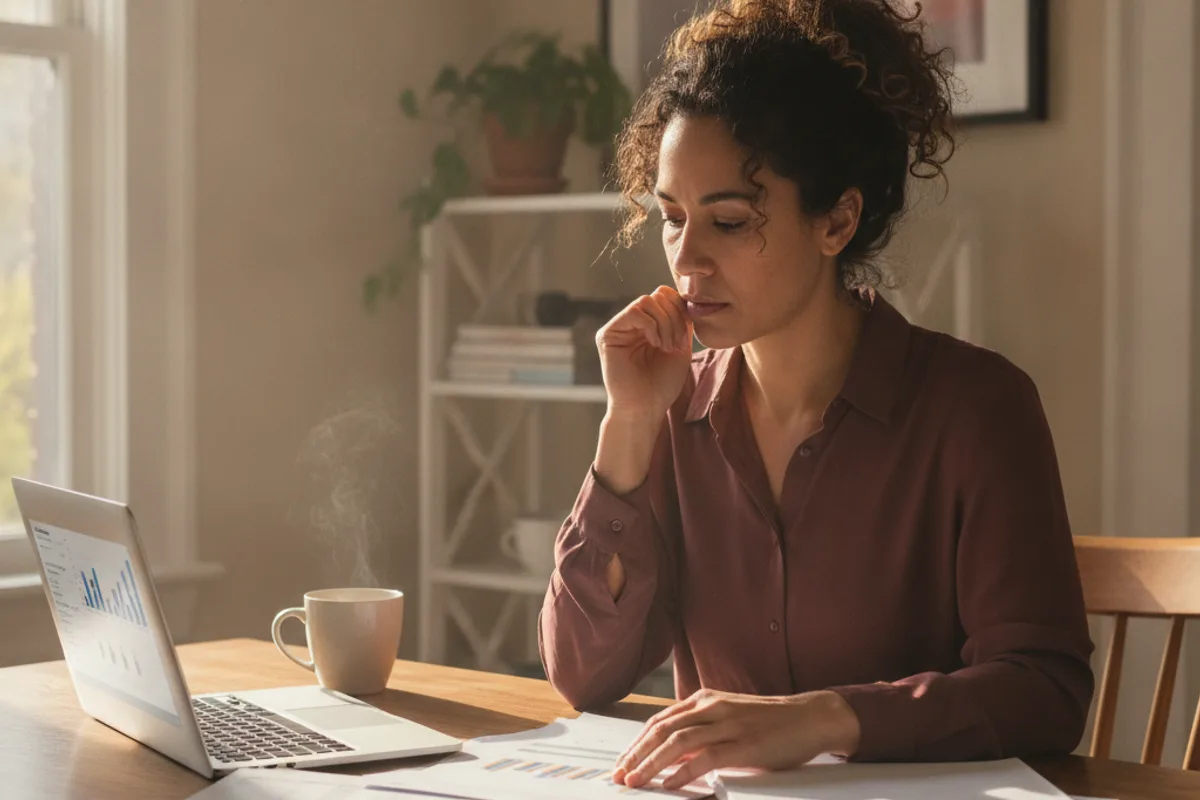 Person reviews financial documents and IRS information at a kitchen table.