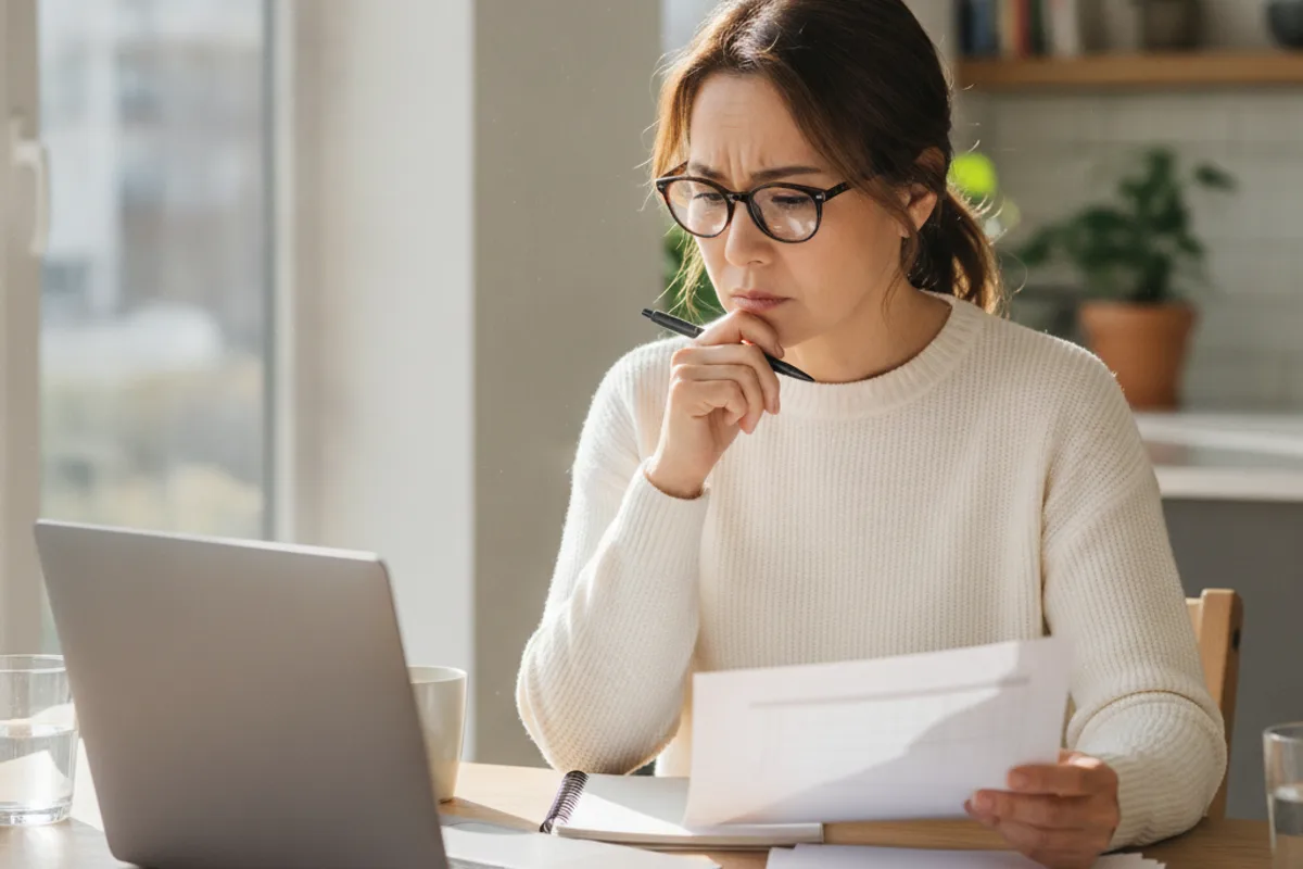 Una mujer revisa documentos financieros y registros personales en la mesa de su cocina, contemplando obligaciones fiscales.